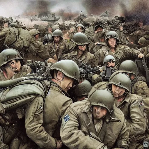 Image similar to d - day scene from saving private ryan except it's by victo ngai and yoji shinkawa moebius jean girard and stuart brown bryan christie godmachine keith thompson psychedelic combat art world war two combat photography photorealistic