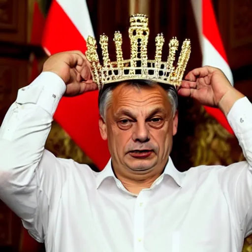 Prompt: Hungarian prime minister Viktor Orban wearing a crown on his head