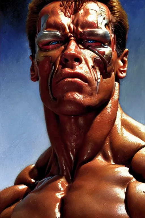 Image similar to muscular arnold schwarzenegger as terminator, exhausted face close up, highly detailed painting by gaston bussiere, craig mullins, j. c. leyendecker 8 k