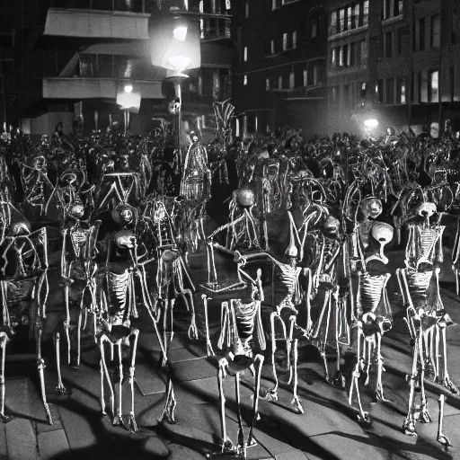 Image similar to photo, a giant crowd of silvery shiny refective black latex claymation skeletons by ray harryhausen inside a 1980's new york nighttime street, dramatic lighting, blue moonlight, distant flickering street light, edge lighting, ray traced lighting