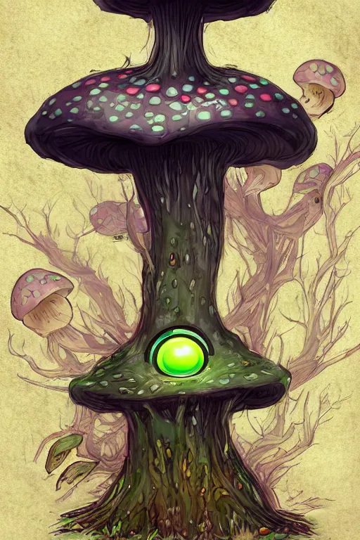 Prompt: a mushroom monster with large glowing eyes, highly detailed, digital art, sharp focus, trending on art station, fungus spores, anime art style