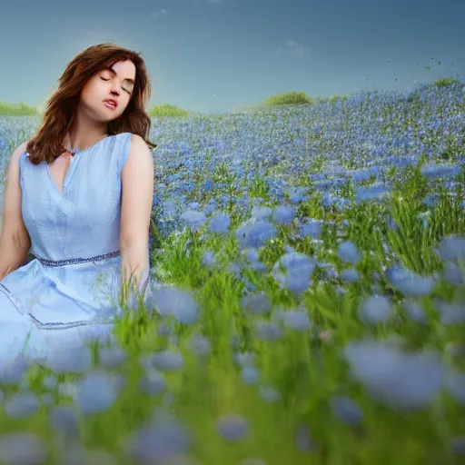 Prompt: A woman with a light blue dress lies on a flower meadow, highly-detailed, dramatic lighting, hyperrealistic, 4k, cinematic landscape