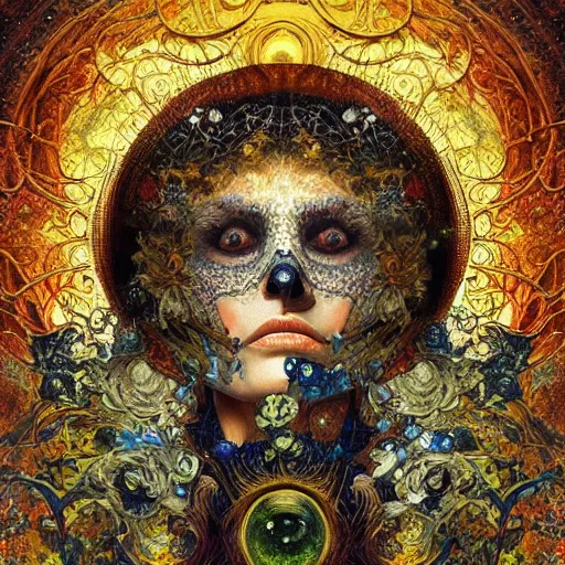 Prompt: Memento Mori by Karol Bak, Jean Deville, Gustav Klimt, and Vincent Van Gogh, beautiful visionary mystical portrait, calavera, otherworldly, fractal structures, ornate gilded medieval icon, third eye, spirals, botanicals by William Morris, calavera