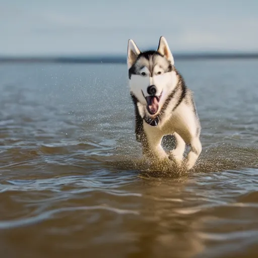 Image similar to Husky walks on water, 8k photography, cinematic