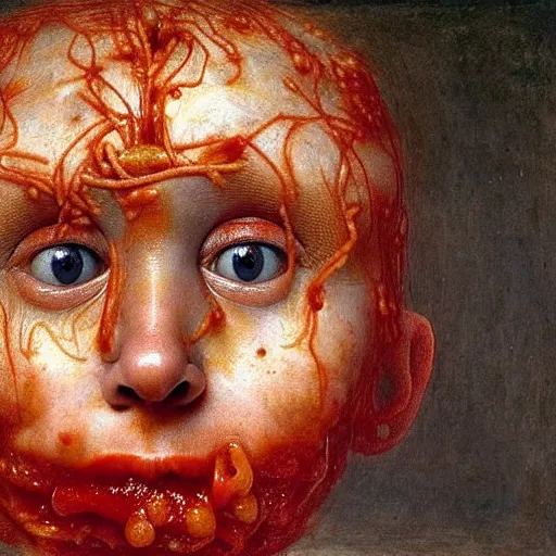 Image similar to a boy made of spaghetti and tomato sauce, looking straight into camera, screaming in desperation, by giuseppe arcimboldo and ambrosius benson, renaissance, fruit, intricate and intense oil paint, a touch of beksinski and hr giger and edward munch, realistic