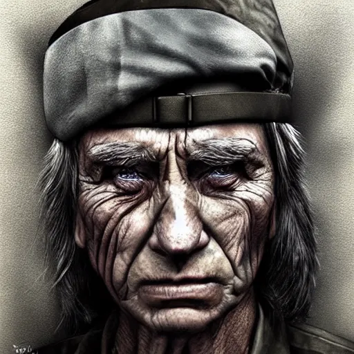 Prompt: aging war hero weeps for those he hurt, epic, photorealism, iridescent, artgerm