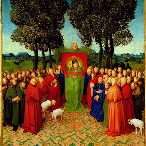 Image similar to the adoration of the lamb, by jan van eyck, in the art style of van gogh