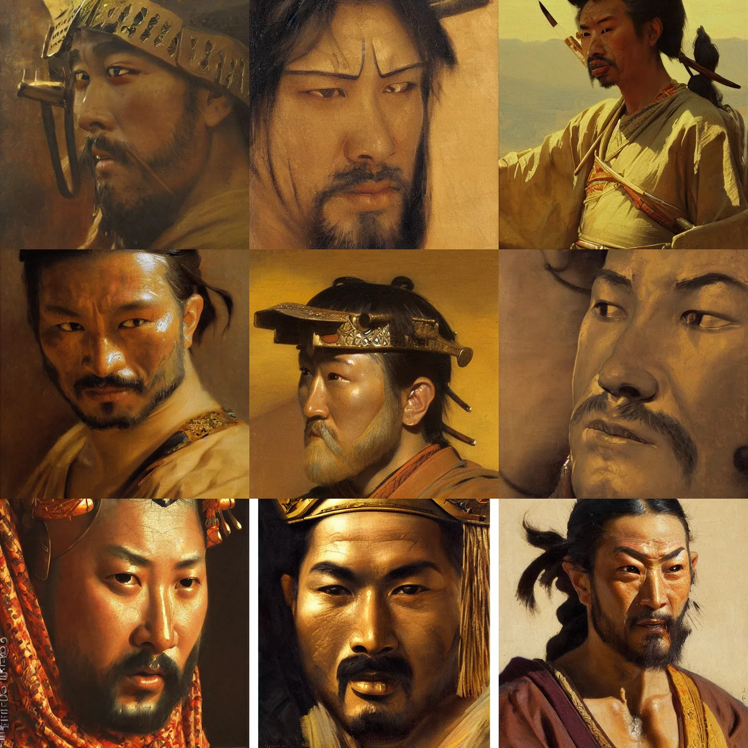 Prompt: orientalism painting of a samurai face detail by theodore ralli and nasreddine dinet and anders zorn and edwin longsden long, bronze age, sword and sorcery, oil on canvas, masterful intricate artwork, excellent lighting, high detail 8 k