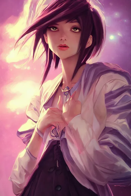Image similar to YuGiOh, Black Magician Girl, digital painting, portrait, elegant, cinematic lighting, mysterious, highly detailed, artstation, concept art, illustration, smooth, sharp focus, editor's pickup, trending on artstation, trending on deviantart, alphonse mucha, WLOP