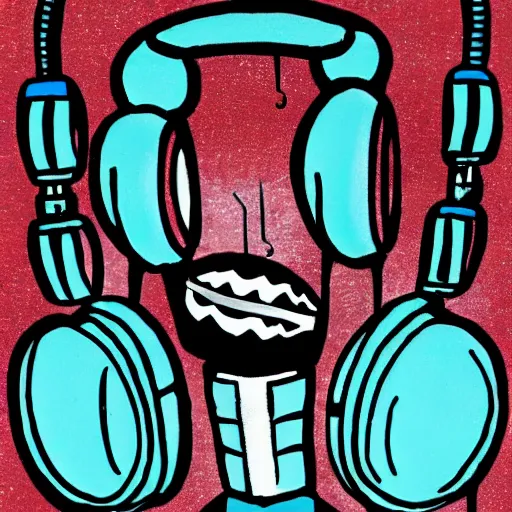 Prompt: robot with headphones listening to music, lowbrow, hd