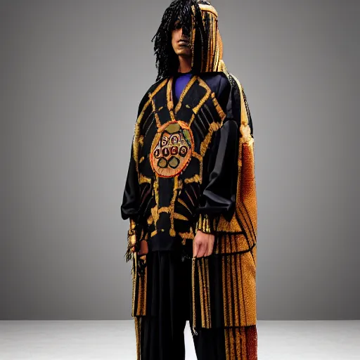 Image similar to hispanic brown skin wearing gucci versace intricate textile chiton himation cloak tunic detailed streetwear cyberpunk modern fashion