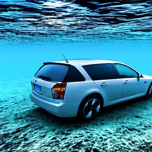 Image similar to hyperrealistic photo of a car underwater, 4 k, 8 k, thin film, full shot