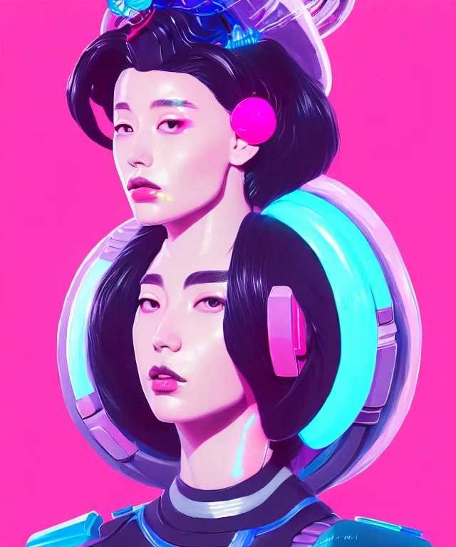 Image similar to beautiful portrait of momo from twice as a sci fi woman, with chaotic vaporwave aesthetic half human half robot, concept art by james gilleard, artstation, cgsociety, synchromism, 8 0 s animation flat cell shaded. with thick black pencil lines!!!!