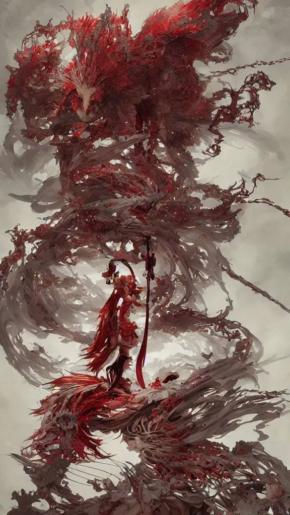 Prompt: incredible epic the japanese red shrine deity is circling a white nine - tailed fox by andersen's fairy tale, hyper detailed, style by john harris, tsutomu nihei, emil melmoth granblue fantasy, craig mullins, yoji shinkawa, in style of charlie bowater, peter mohrbacher, marc simonetti