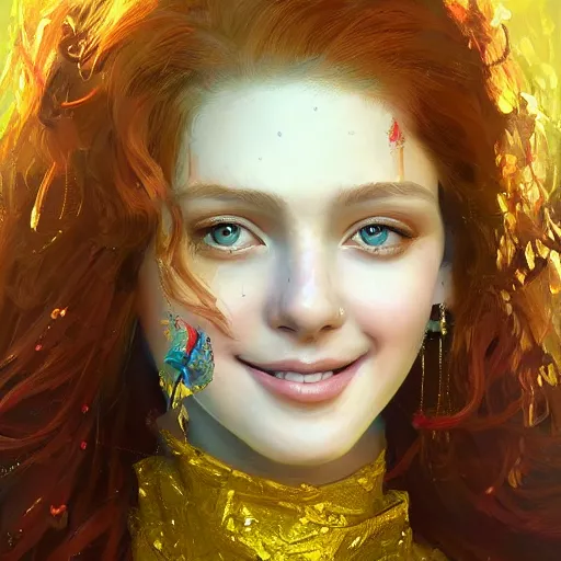 Prompt: Highly detailed painting of a beautiful young woman with long red hair, smiling by Craig Mullins and Ross Tran, wearing a fancy dress, Golden fabric Background, Golden thread, intricate patterns, Trending on artstation, pinterest, cgsociety, 4k, 8k, HDR, award winning, unreal engine