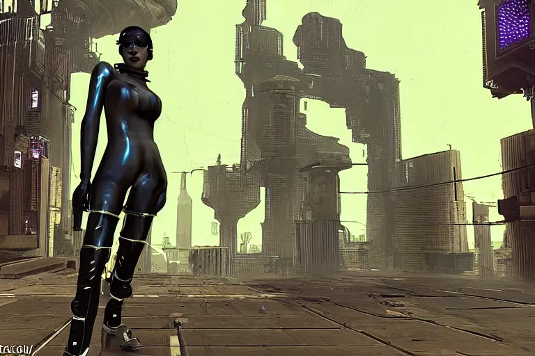 Image similar to Sade NPC in a cyberpunk FPS game from 2003