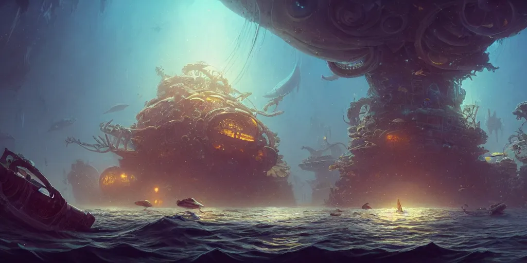 Prompt: a highly detailed artstation concept art 8 k render of under deep sea city, james paick, greg rutkowski, sunken ship, whale, coral, jellyfish, cinematic lighting, peter mohrbacher, game asset, unreal engine, illustration, digital painting, sharp focus,, golden ratio, mythological, ultra realistic