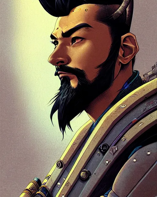 Image similar to hanzo from overwatch, character portrait, portrait, close up, concept art, intricate details, highly detailed, vintage sci - fi poster, retro future, vintage sci - fi art, in the style of chris foss, rodger dean, moebius, michael whelan, and gustave dore