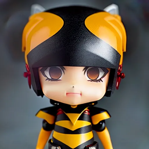 Image similar to photograph of cute bee nendoroid with themed black armor with crimson metal wings, portrait, hyperdetailed, artstation, cgsociety, 8 k, by tangerine dream