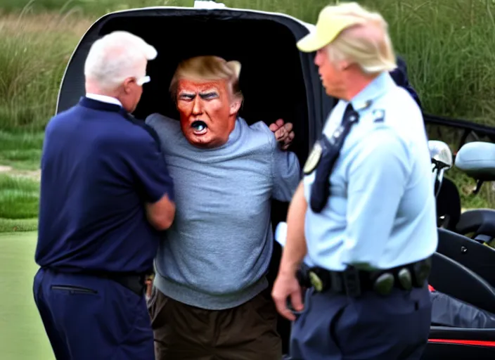 Prompt: arrested senior man with facial features like Donald Trump taken away by FBI at golf course, photo, photo by Alex Webb