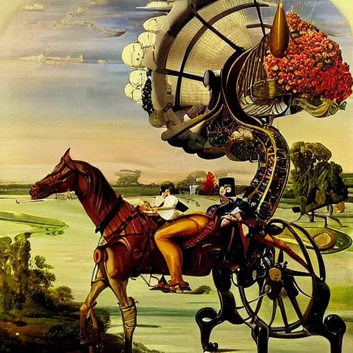 Image similar to an a gentleman in a top hat riding an extremely long and spindly mechanical horse in a futuristic!!! victorian city, oil painting, style of salvador dali and richard dadd!!!!, rococo lots of plants and flowers