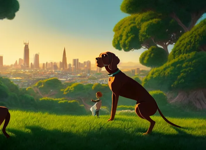 Image similar to a wholesome animation key shot of a brown vizsla dog wearing a green sweater, adelaide city in the background, studio ghibli, pixar and disney animation, sharp, rendered in unreal engine 5, anime key art by greg rutkowski, bloom, dramatic lighting