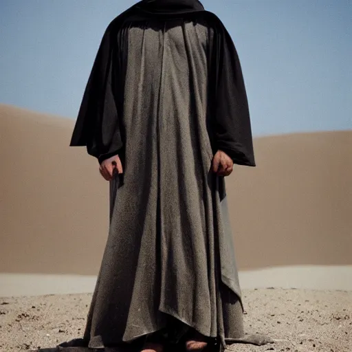 Prompt: a man wearing a long cloak and hood, in the desert, film still, 8 k, cinematic