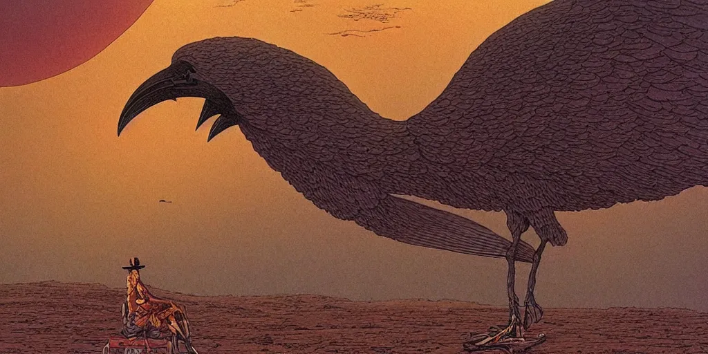 Prompt: weird west, giant crow blocking out the sun, desaturated delicate illustration by moebius jean giraud