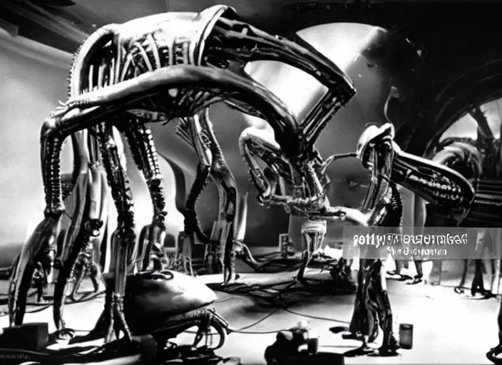 Prompt: scene from the 1956 science fiction film Aliens