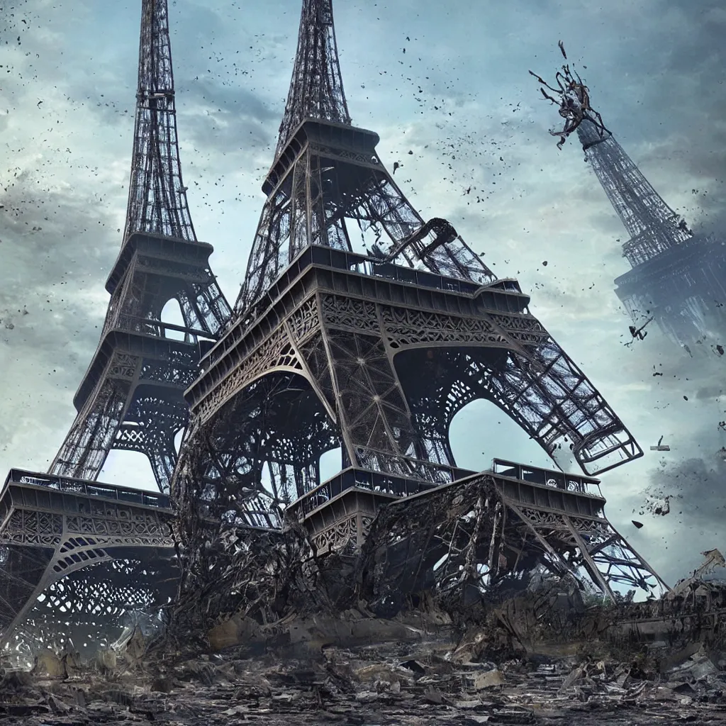 Image similar to A beautiful intricate 8K award-winning cinematic movie photograph of the future Eiffel Tower, destroyed and decaying, hidden by billboards. in the year 2043, by Bruno Delbonnel and greg rutkowski. Arri Alexa 65, IMAX 70mm footage