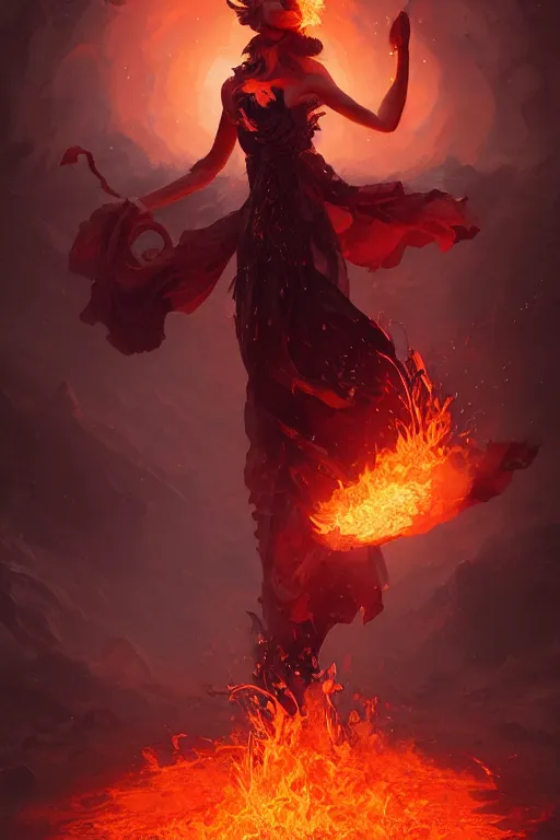 Image similar to beautiful powerful eldritch fire goddess clothed in a flaming gown, volcanic embers, magma, detailed matte fantasy portrait, dynamic lighting, bokeh backdrop, by greg rutkowski, by peter mohrbacher, by brom, hyperrealism, detailed features, 8 k dop dof hdr