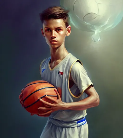 Image similar to portrait of a boy holding a basketball playing basketball wearing a basketball uniform, intricate, elegant, highly detailed, centered, digital painting, artstation, concept art, smooth, sharp focus, illustration, by Peter Mohrbacher, WLOP