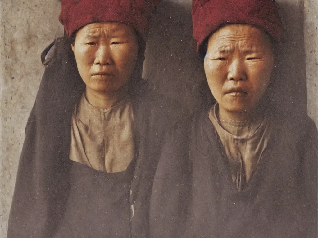 Prompt: portrait of a sad Mongolian street woman. Painting by Jan van Eyck, August Sander.