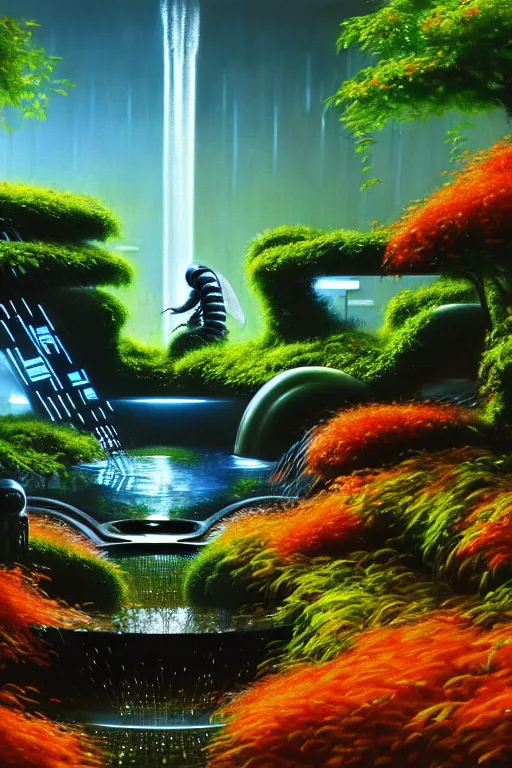 Image similar to futuristic garden glowing in autumn, marble fountains, small waterfalls, ecosystem, robotic bumblebees, 1 9 8 0 s science fiction, 1 9 7 0 s science fiction, alien 1 9 7 9, cyberpunk, 3 d oil painting, depth perception, 4 k, artstation