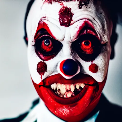 Image similar to full body head to toe shot of an expressionless clown with blood splattered on him, muted tones, slightly out of focus, found footage, dutch angle