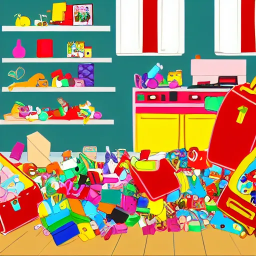 Image similar to a painted cartoonish scene, an open suitcase sits on a table, the open suitcase contains a vast pile of toys, the pile of toys rises all the way to the ceiling, the pile of toys blocks the background, a woman stands next to the table and suitcase, the woman holds more toys