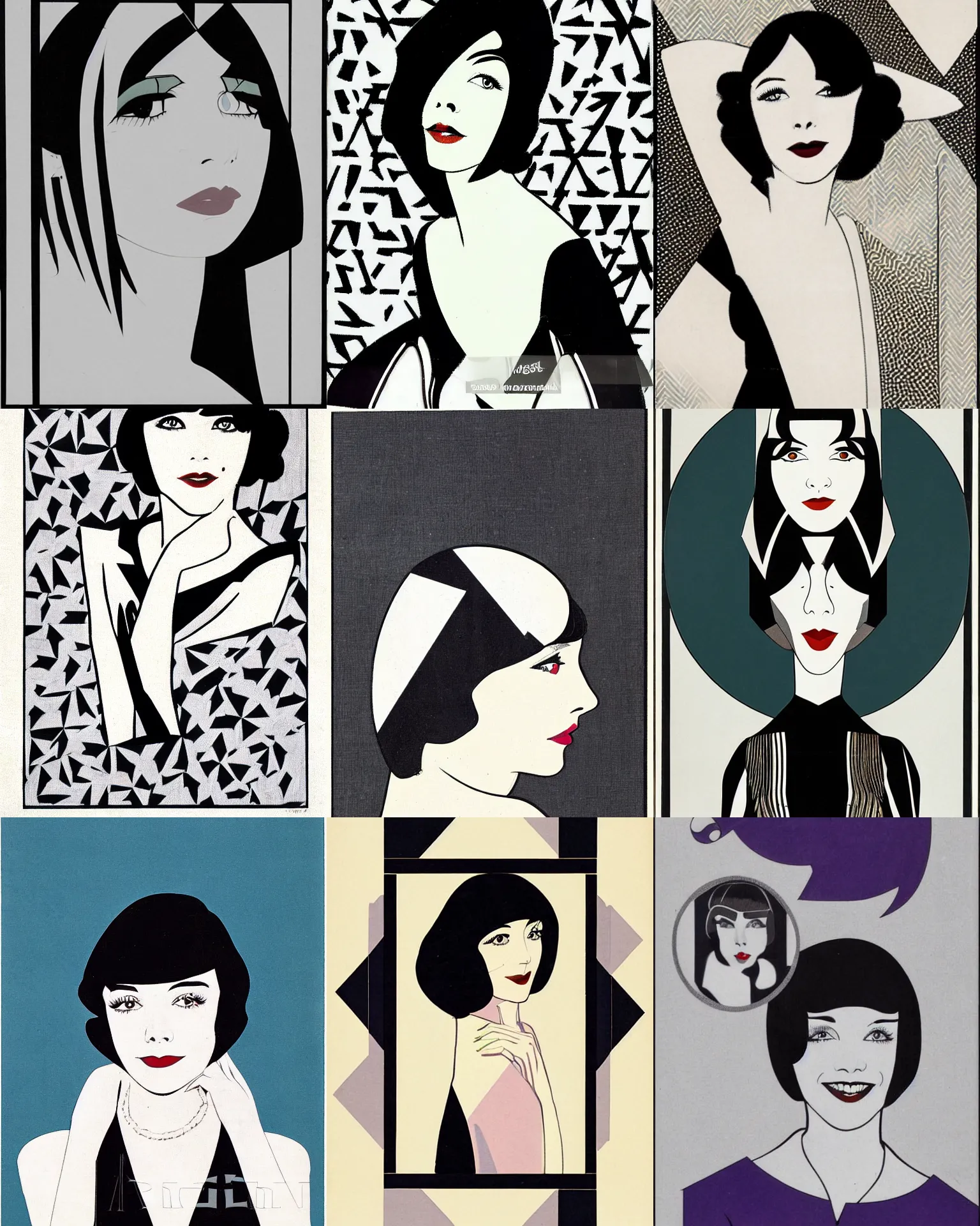 Prompt: Colleen Moore 25 years old, bob haircut, portrait by Patrick Nagel, 1920s, geometric patterned