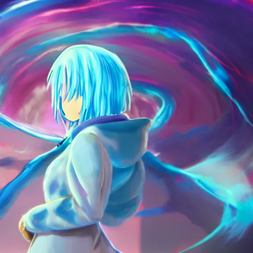 Image similar to rimuru tempest, that time i got reincarnated as a slime, super detailed, professional digital painting, concept art, extreme illustration, unreal engine 5, photorealism, hd quality, 8 k, black hoodie, fur scarf, cinematic, art by andy warhol, yoshitaka amano