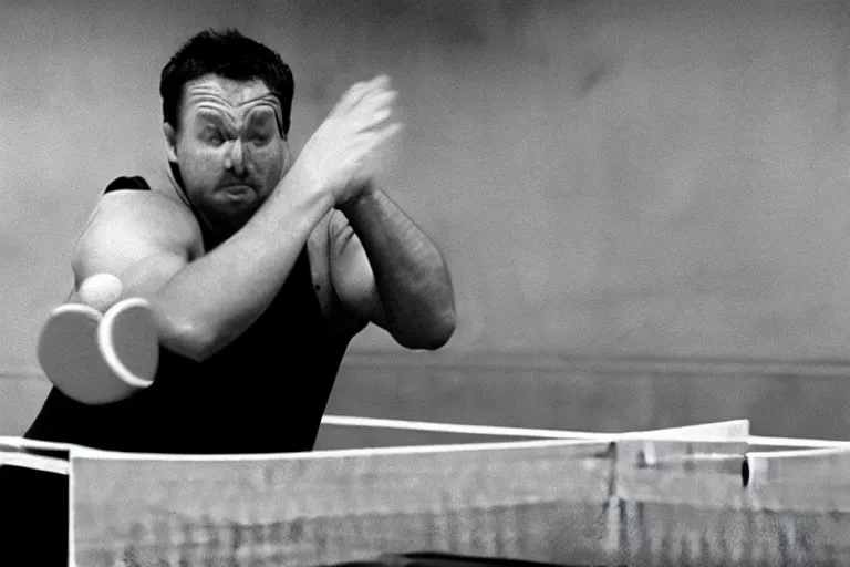 Prompt: very sweaty man playing ping pong, cookbook photo, in 1 9 9 5, y 2 k cybercore, industrial low - light photography, still from a ridley scott movie