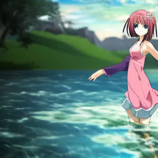 Prompt: beautiful anime girl is walking on water