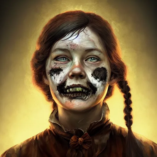 Image similar to portrait of laura ingalls as a zombie with cuts on face, 7 days to die zombie, fine art, award winning, intricate, elegant, sharp focus, cinematic lighting, highly detailed, digital painting, 8 k concept art, art by guweiz and z. w. gu, masterpiece, trending on artstation, 8 k