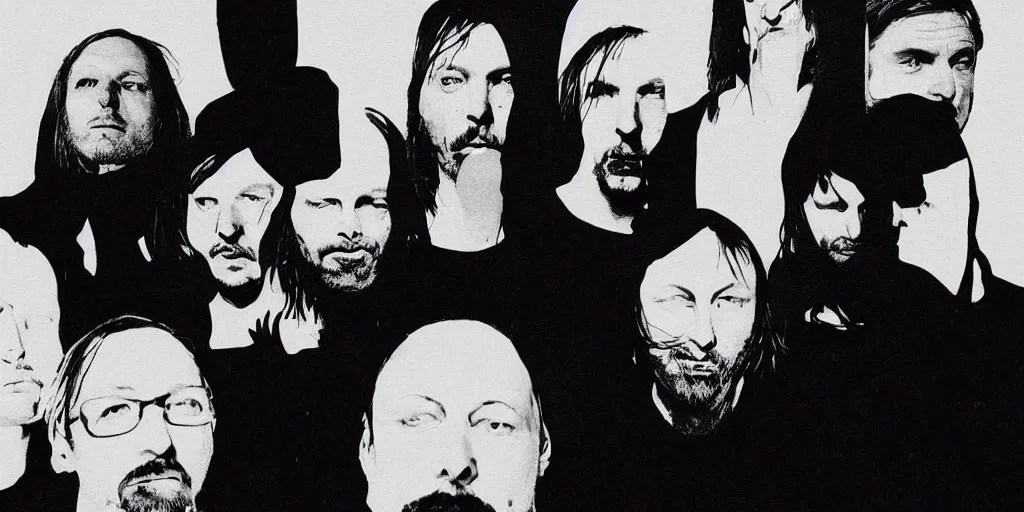 Prompt: a black and white photo of a group Radiohead, an album cover by David Gilmour Blythe, pinterest, bauhaus, tesseract, composition, national geographic photo, flemish baroque