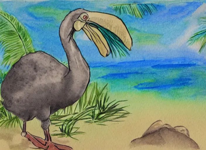 Image similar to a water color drawing of a dodo bird on a tropical island