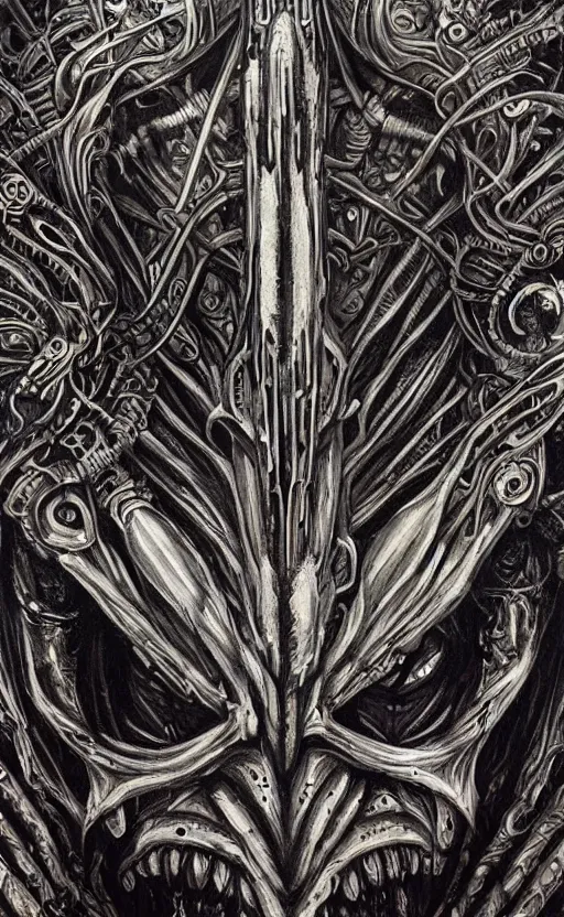 Prompt: H.R. Giger and Elden Ring themed painting of ancient hybrid majestic aztec warrioor fantasy biomechanical human beautiful angel symmetrical face angry mask closeup face mask tattoo pattern golden ratio concept, deep forest psytrance Neo-Gothic concept, infinity glyph waves, intricate artwork masterpiece, very coherent artwork, cinematic, full frontal facial features by Artgerm, Takato Yamamoto, Zdizslaw Beksinski, Johnatan Wayshak, Moebius, Ayami Kojima, very coherent artwork, trending on cgsociety, ultra high quality model, production quality cinema model, high detail chromatic ink outline, octane render, unreal engine 8k, hyper realism, high detail, octane render, unreal engine, 8k, High contrast