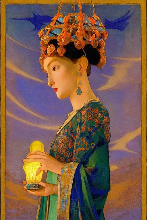 Prompt: queen of the dawn with her lantern and birds, by Nicholas Roerich and Gaston Bussière, elaborate headdress and embroidered velvet, iridescent beetles, rich color, dramatic cinematic lighting, extremely detailed