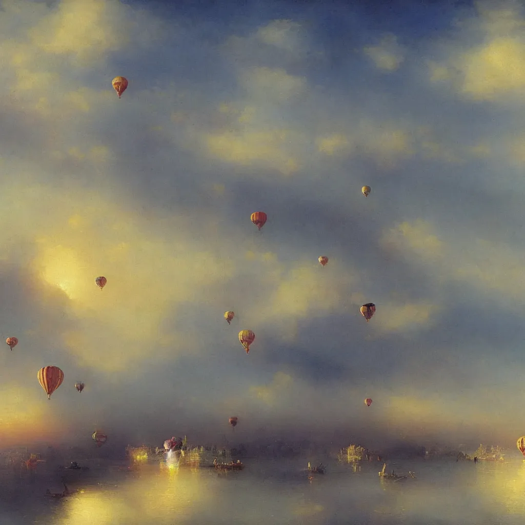 Prompt: A beautiful city in the sky spaceships zepellin air ballon birs detailed painting beautiful artwork by Ivan Aivazovsky