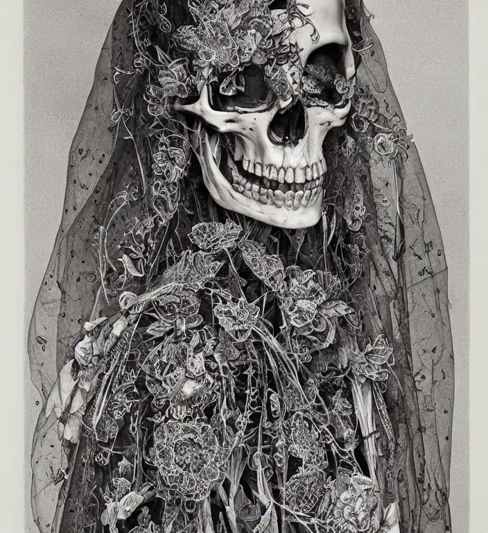 Image similar to portrait of a Bride's skeleton in veil with floral pattern by Laurie Lipton, high detailed, realistic,dark surrealism, hyper detailed, super intricate ornaments