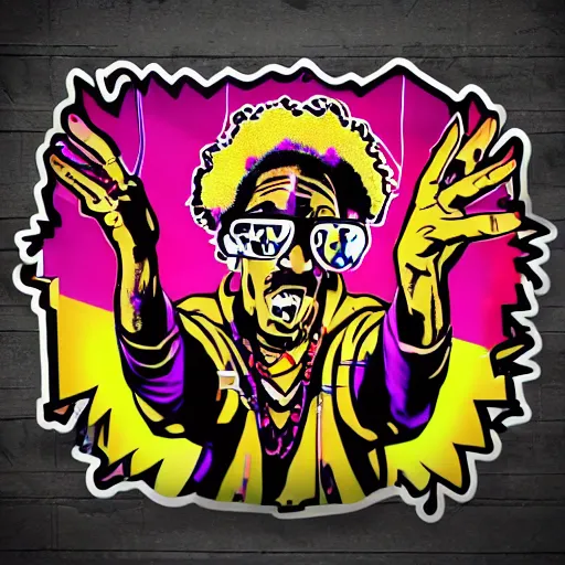 Image similar to svg sticker of a Dancing-Ben-Harper-Snoop-Spike-Lee-with-a-large-Afro-Puff, at a rave, spinning records, giant headphones rocking out, wearing headphones, huge speakers, dancing, rave, DJ, spinning records, digital art, amazing composition, rule-of-thirds, award-winning, trending on artstation, featured on deviantart