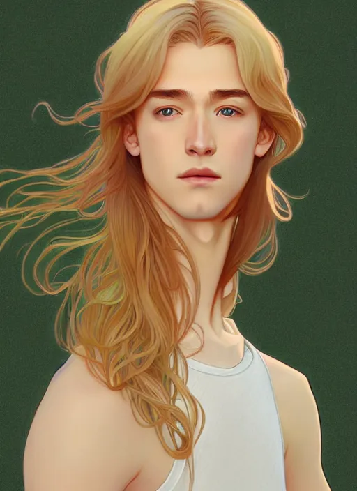 Image similar to pretty young man with shoulder length shiny shimmering golden blond hair, half body shot, path traced, highly detailed, high quality, digital painting, by studio ghibli and alphonse mucha, leesha hannigan, hidari, disney