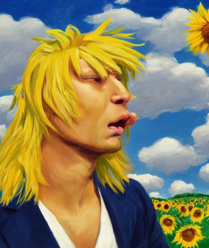 Image similar to a closeup portrait of a man in a blonde bob wig with blonde bangs, standing in beautiful sunflower field, screaming and sad, highly detailed, aesthetic clouds in the sky, in the style of edward hopper, very fine brush strokes, 4 k,